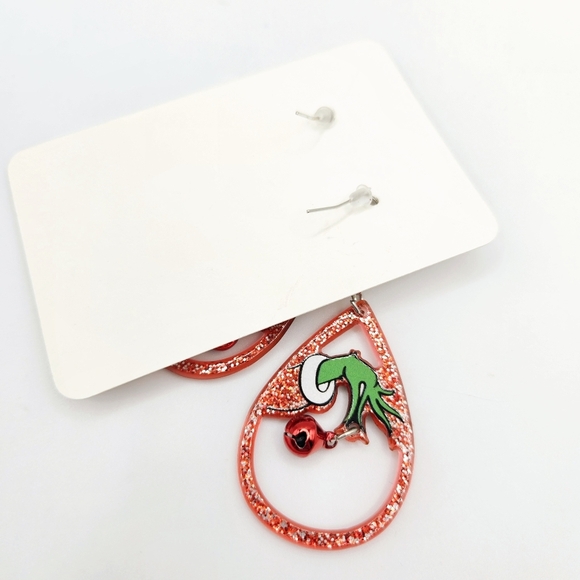 Grinch Hand Christmas Bell Sparkly Acrylic Dangle French Hook Earrings  New - Picture 2 of 3